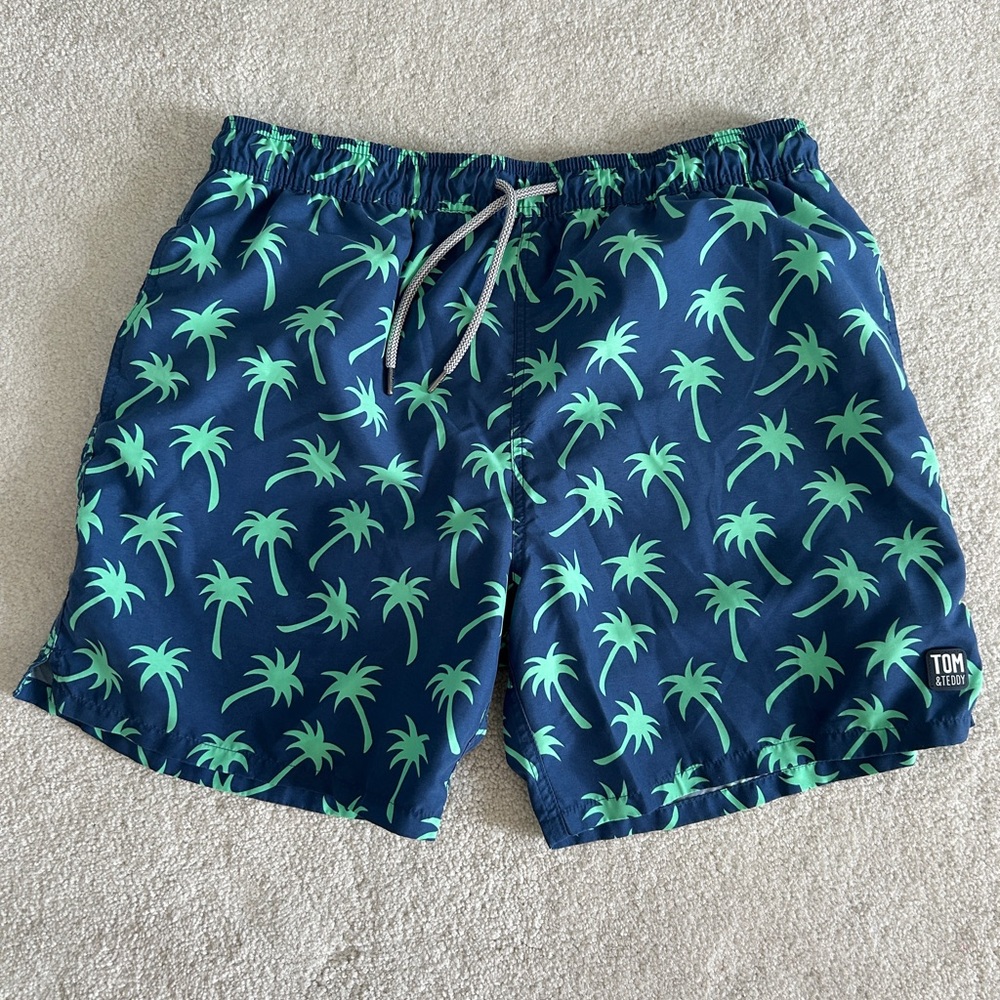 Tom & Teddy Blue and Green Swim Trunks with Tropical 🌴 Palm Print